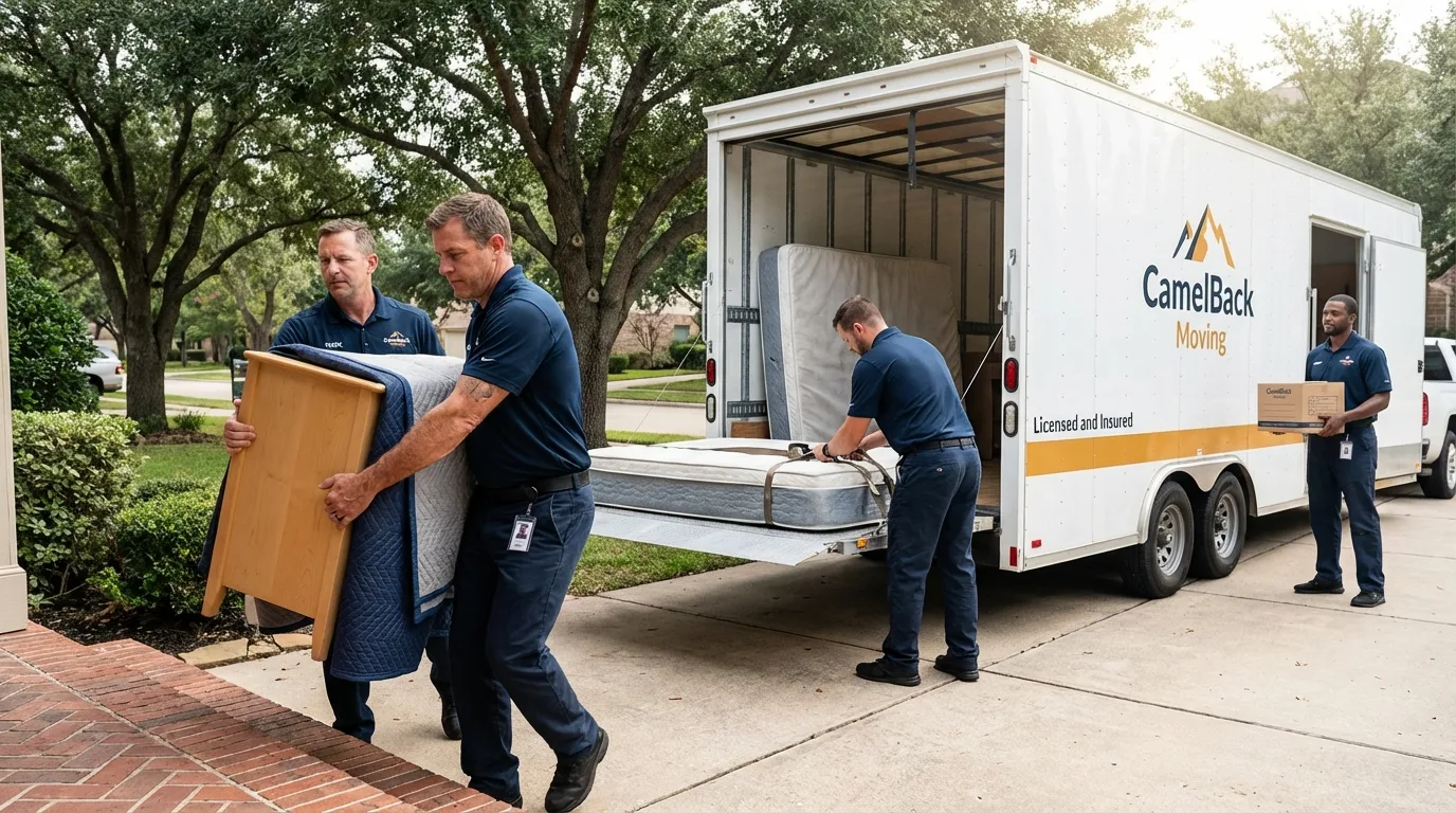 Crew loading residential truck for cross-state move from Stoneham, MA
