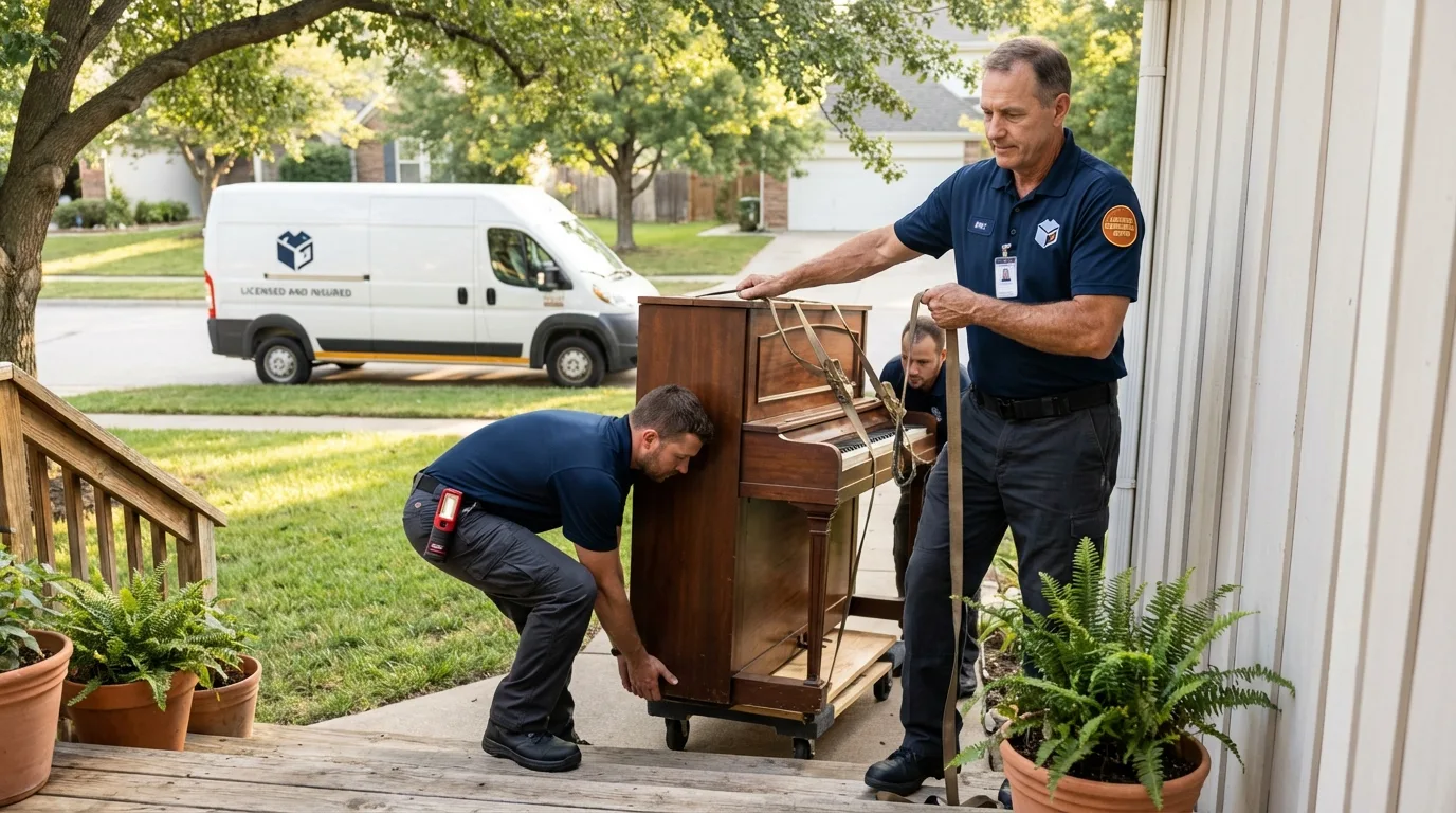 Licensed piano movers securing grand piano in Stoneham, MA